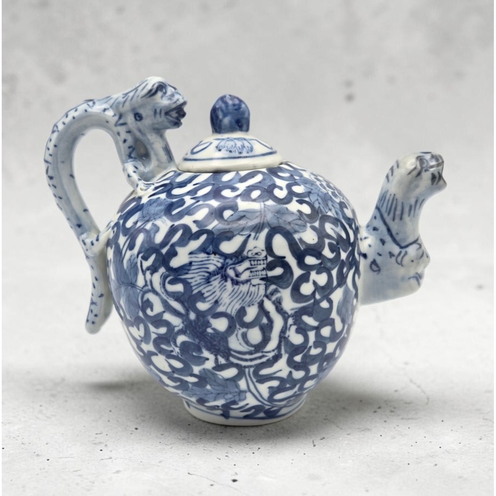 Vintage Chinese Qianlong Nian Zhi Blue & White Porcelain Teapot Dragon Handle
